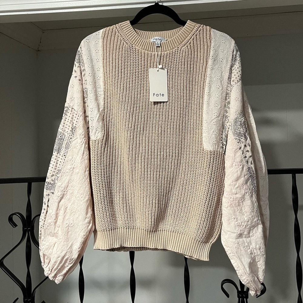 Embroidered Patchwork Balloon Sleeve Knit Sweater